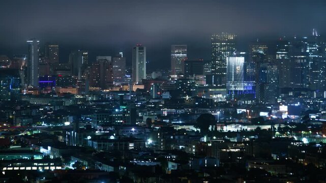 San Francisco Downtown Skyline from Bernal Heights Night Time Lapse Telephoto California USA