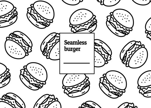 Seamless burger illustration. Burger pattern with black outline and white background. Food packaging, menu illustration	