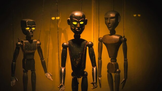 Eerie wooden marionettes with glowing yellow eyes on a dimly lit stage creating a spooky puppet show atmosphere