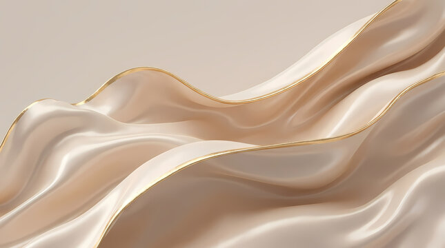 Luxury abstract background with flowing beige silk waves and gold edges