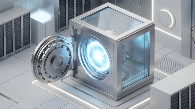 Open Digital Bank Vault with Glowing Energy Core Inside Server Room Futuristic 3D Render