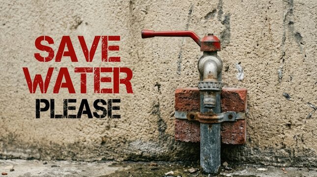 Old rusty metal water faucet mounted on a textured concrete wall with bold red and black save water text message