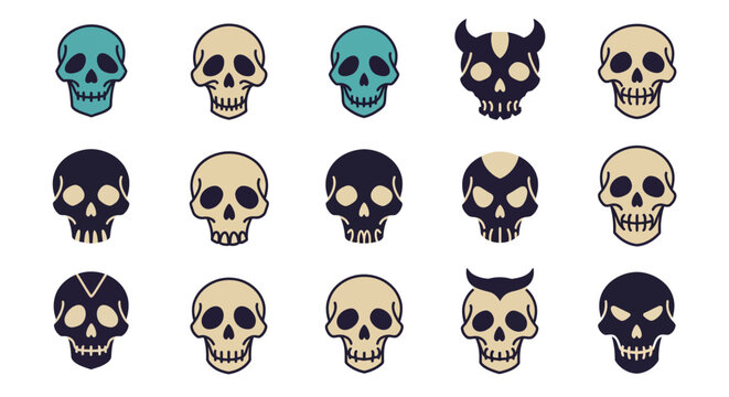 Set of stylized human skull icons in various colors for Halloween and gothic graphic projects