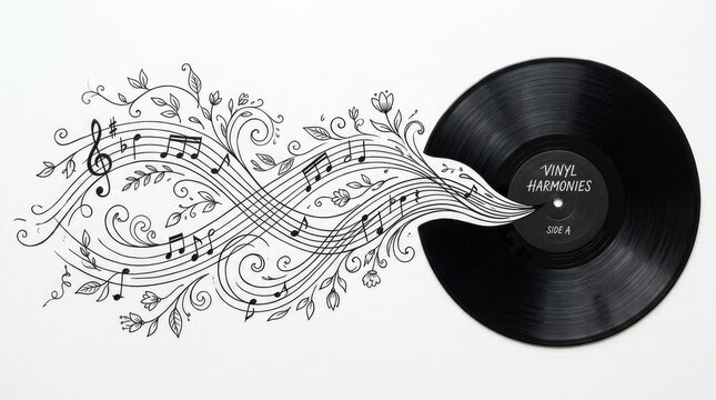 Black vinyl record disc flowing with elegant hand drawn musical notes and floral vines on a clean white studio background