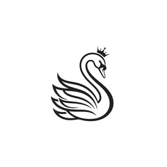 Fototapeta premium Minimalist black and white swan logo illustration with a crown.