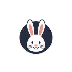 Obraz premium A cute white cartoon rabbit head icon centered on a dark circular background.