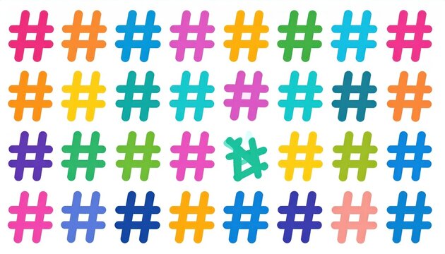 Colorful hashtag pattern on white background.