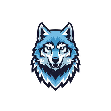 A fierce blue wolf head mascot logo design.