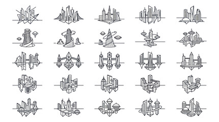 Futuristic city and science fiction skyscraper line art icon set © linggo