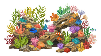 Vibrant underwater coral reef scene with marine life and seaweed © linggo