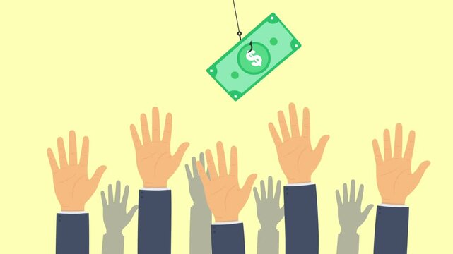 Hands reaching for dollar bill on fish hook. Money scam and greed
