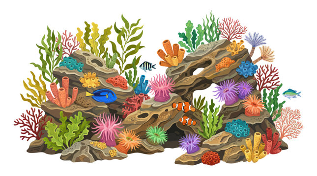 Vibrant underwater coral reef scene with marine life and seaweed