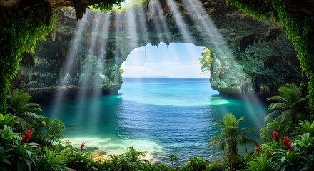 Fototapeta premium Breathtaking Tropical Paradise View from a Mysterious Cave with Magical Sunbeams over Turquoise Ocean Waters