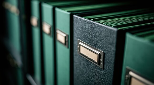 Green file folders in binder office storage with labeled spine