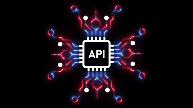 Api integration concept with glowing digital circuitry and microchip processor animation application programming interface