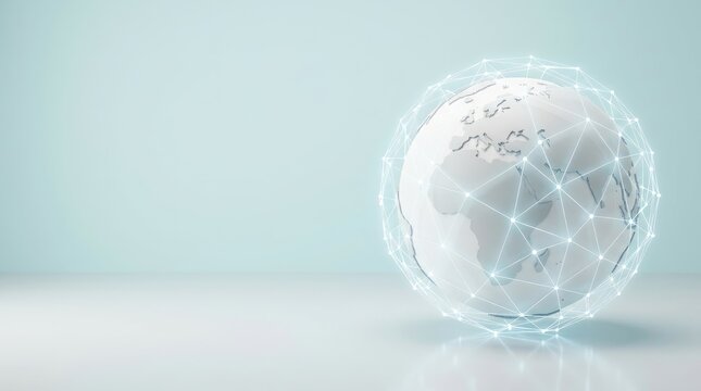 Minimalist white globe featuring glowing digital network connections isolated against a soft light blue studio background for corporate technology presentations