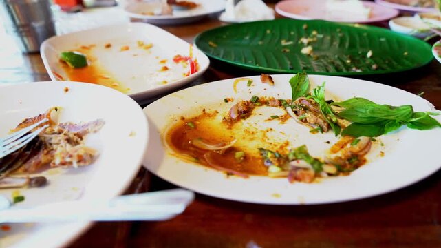Empty white and green dinner plates with sauce stains and food scraps after a meal on a wooden restaurant table. Concept of finished dinner, messy dishes, and food waste in close up view.