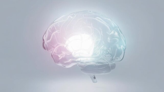 Translucent glowing brain with radiant light pulses in a minimalist futuristic style animation