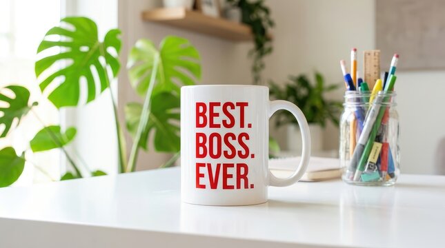 White ceramic coffee mug featuring bold red text that says best boss ever sitting on a clean modern office desk