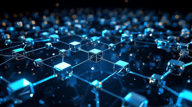 Abstract digital network of glowing blue cubes connected by lines on a dark background
