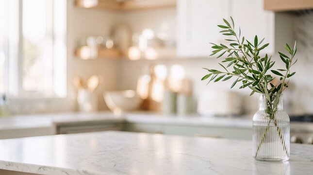 Fresh olive branch in a ribbed glass vase on marble. Blurred pastel kitchen background serves as wide copy space for web and poster design.
