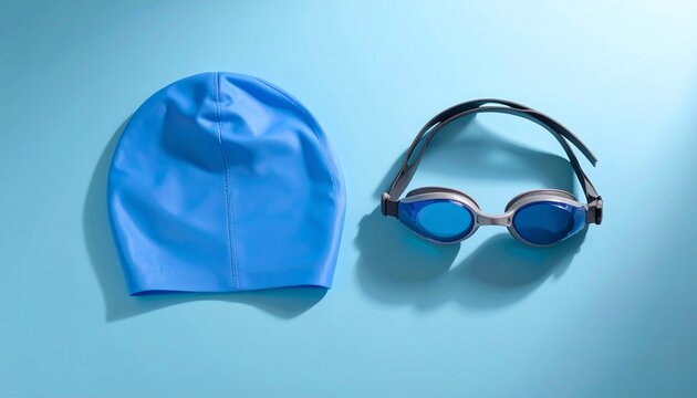 Close Up of Blue Swimming Cap and Goggles on Matching Blue Surface Illuminated by Soft Light