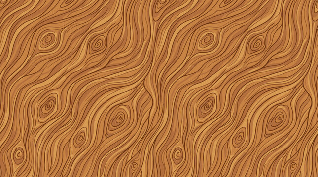 Brown wavy wood grain seamless vector texture with natural timber knots and abstract lines. Detailed tree bark surface pattern illustration for interior wallpaper and background.