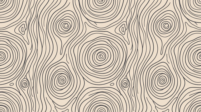 Light abstract wood grain seamless vector pattern with circular tree rings and wavy lines. Hand drawn timber bark texture illustration for wallpaper background and graphic design.