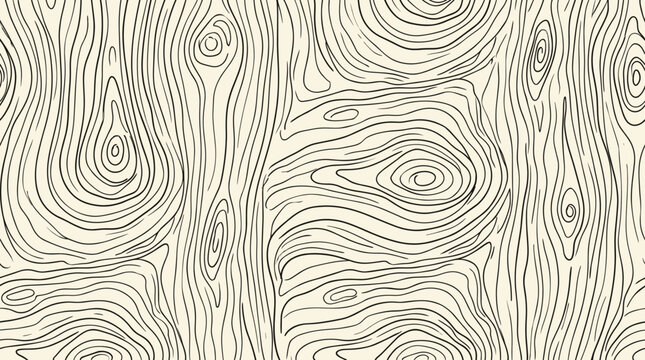 Swirly tree rings and knots wood grain seamless vector texture. Hand drawn abstract line art timber surface pattern graphic illustration for rustic background and wallpaper design.