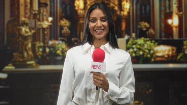 Woman reporter holding red microphone with right hand and smiling while delivering news in studio; confidence professionalism.