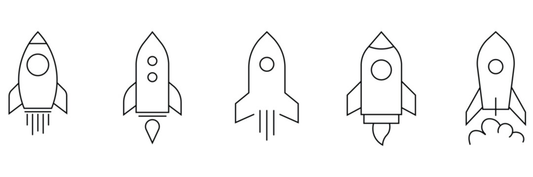 Modern minimalist line art rocket icons collection symbolising successful launch startup and space exploration concepts