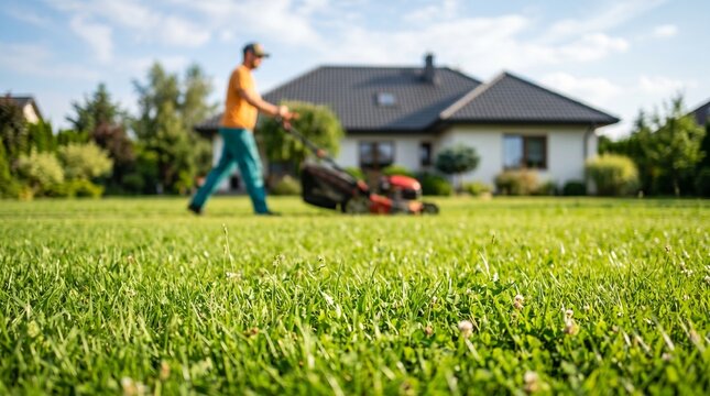 A man mowing the green grass lawn with a lawnmower in his backyard during a bright sunny summer day in front of a house