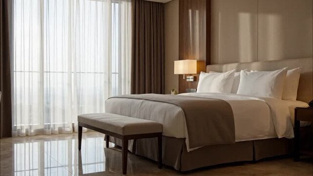 Luxurious hotel bedroom with a large comfortable bed, elegant furnishings, and soft natural light filtering through sheer curtains, creating a serene and inviting atmosphere