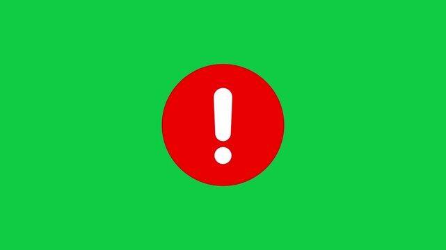 Red Circular Exclamation Mark Icon Pulsing on Green Screen Background, Looping Animation