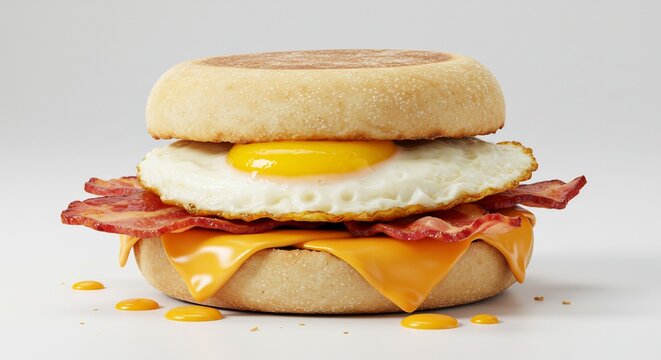 Hearty breakfast sandwich with a perfectly fried egg crispy bacon and gooey melting cheese on a toasted muffin bright studio shot. AI Generated