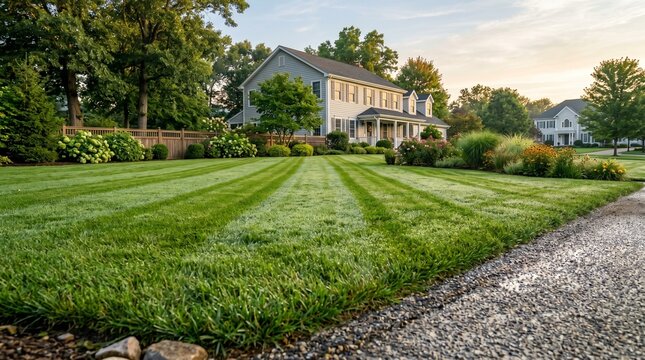A beautiful suburban family home with a freshly mowed green lawn and lush trees in a quiet neighborhood during a sunny afternoon