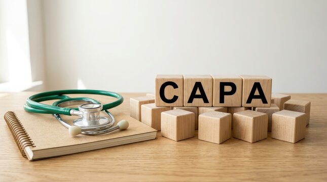 Wooden blocks spelling out the acronym capa displayed on a desk next to a green stethoscope and a spiral notebook