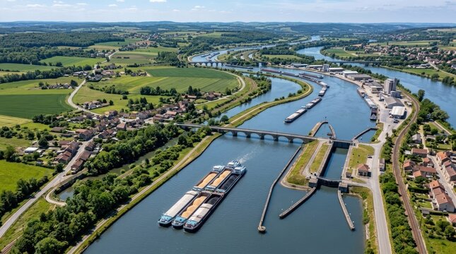 A river flowing through a town with bridges and locks, surrounded by greenery and buildings.