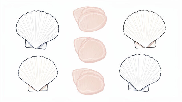 Abstract illustrations of scallop shells and shell fragments with minimalistic soft pink and black lines