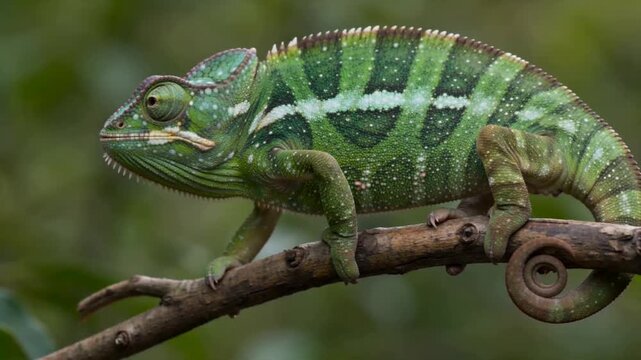 A chameleon perched on a tree branch, showcasing its vibrant green and brown color-changing patterns in natural light.
