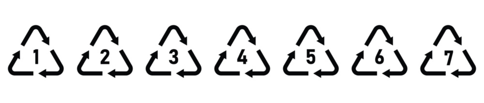 Seven distinct plastic recycling symbols with numbered resin identification codes for environmental responsibility