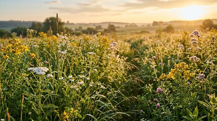 Fototapeta premium Beautiful wild flowers in a grassy meadow during a warm golden sunset with soft glowing light in the countryside landscape