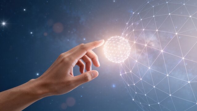 Hand touching digital network sphere