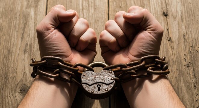 Clenched fists with chains and clock symbolizing restraint and time constraints in a dramatic setting