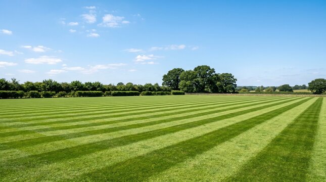 Freshly cut green grass field with parallel lines and trees under a clear blue summer sky in the peaceful countryside landscape