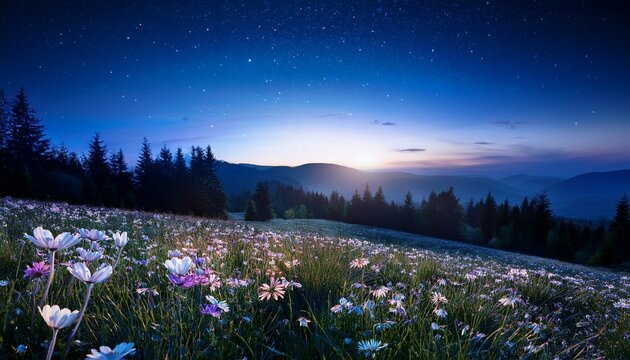 Spring Night Landscape With Blooming Wild Flowers In Meadow