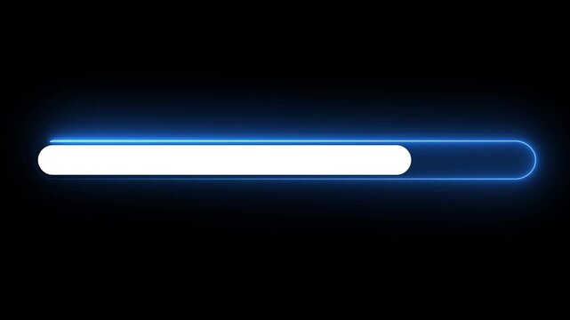 Animated progress bar from zero to hundred increasing percentage animation on black background. Bright neon loading bar. 4k