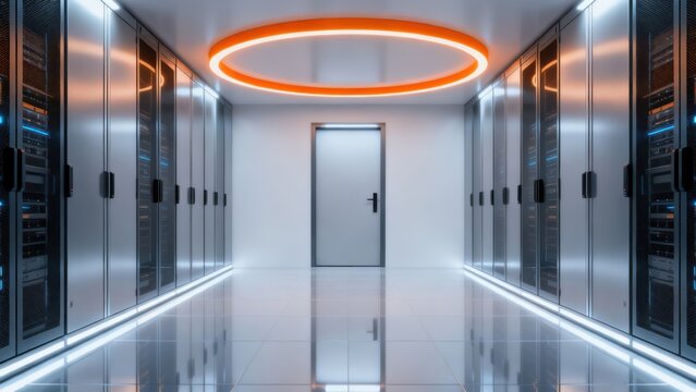 Server room with data racks and circular light
