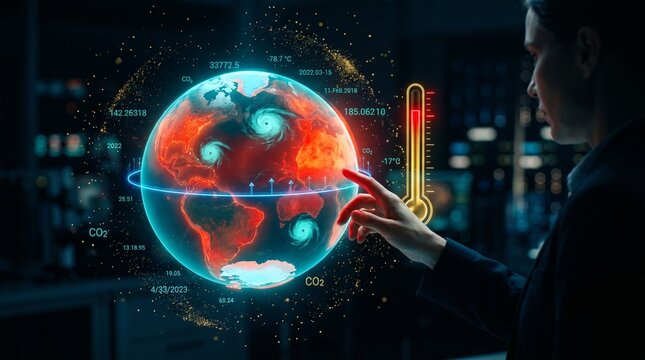 Scientist analyzing global warming data with holographic earth and thermometer