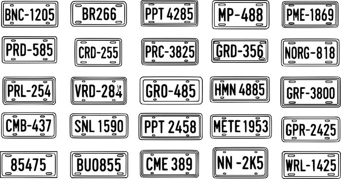 Automotive Transportation License Plates Collection - Black and White Line Art Vector Set of Vehicle Registration Tags and IDs